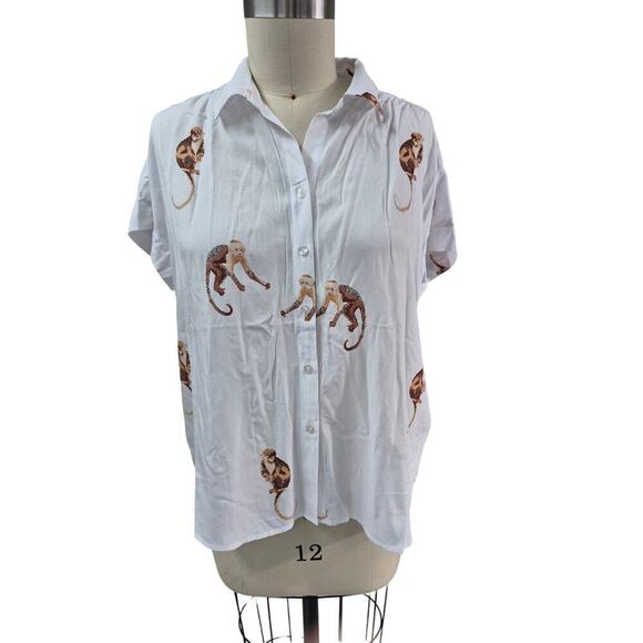 Jane + Delancey white rayon blouse with monkey print Sz L NWOT - Picture 1 of 7